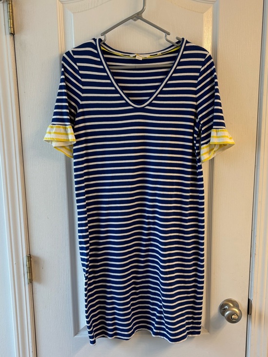 Boden Dresses & Skirts - Boden Blue Striped V-Neck Dress with Yellow Striped Ruffle Sleeves sz 8